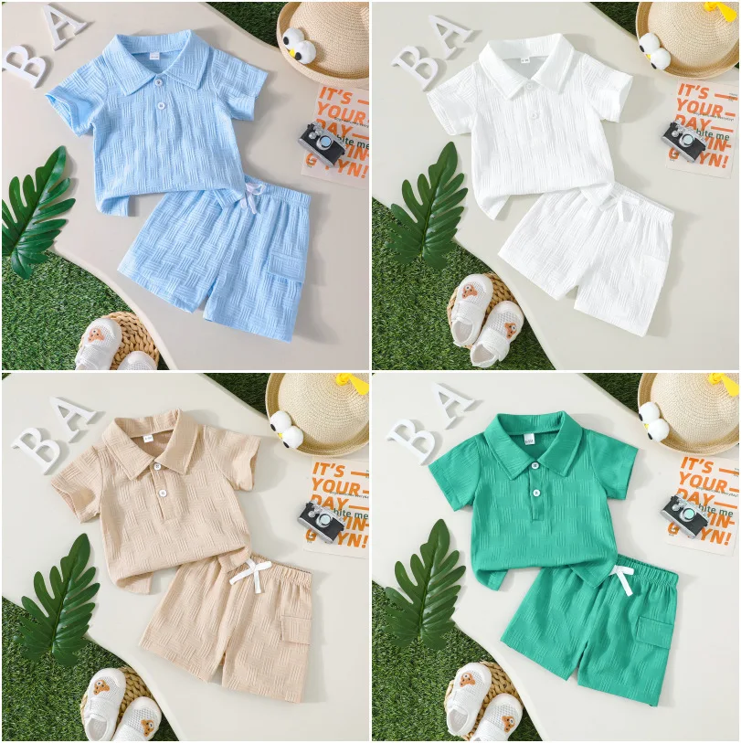 

Baby Boy 2PCS Outfit Set Jacquard Polo Shirt + Shorts Summer Casual Short Sleeve Turn-down Collar Clothing Set For 0-3Y