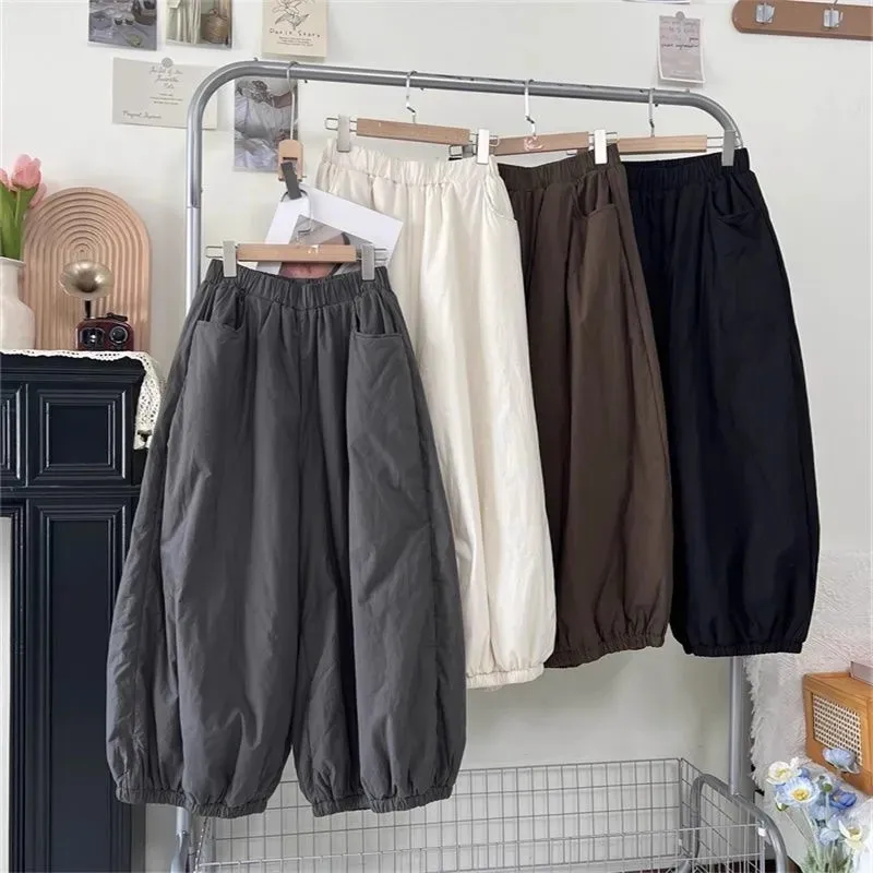 

plus Size Autumn Winter Cotton Blend Wide Leg Pants Women's Loose Fit Elastic Waist Lantern Pants Warm Slimming Japanese Sle