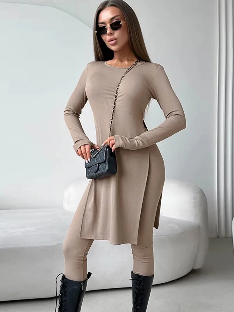 Nibber Casual Set da 2 pezzi Donna Spacco laterale o-Collo T-shirt a maniche lunghe + Pantaloni skinny Elasticità solida Abiti classici semplici quotidiani