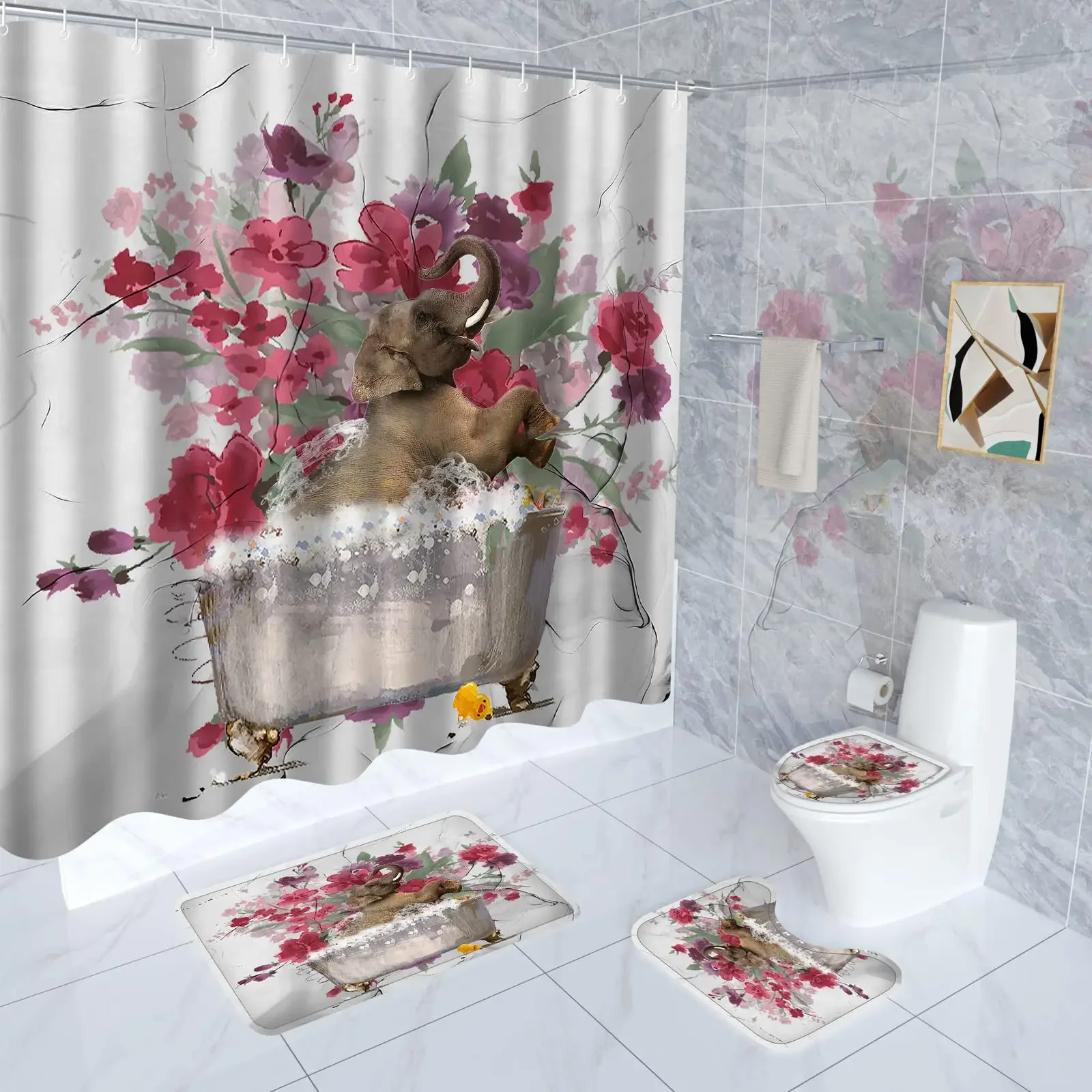 Animal Elephant Playing with Water Shower Curtain Set 3D Print Bathroom Bath Mat Floor Toilet Rug Home Decor
