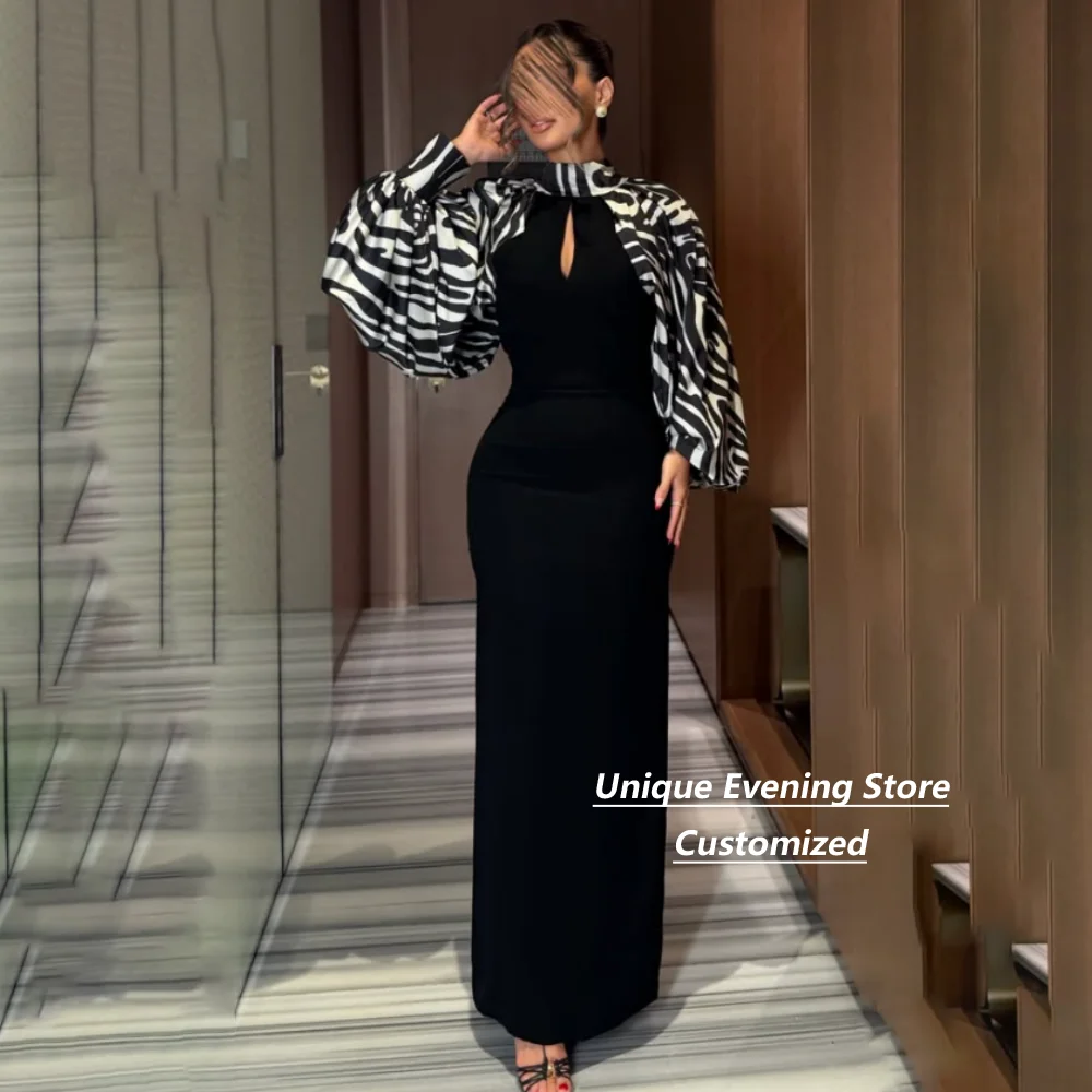 Customized Black Mermaid Zebra Print Puff Sleeve Cape Keyhole Neck Mother Of The Bride Gown Wedding Guest Gala Banquet Party