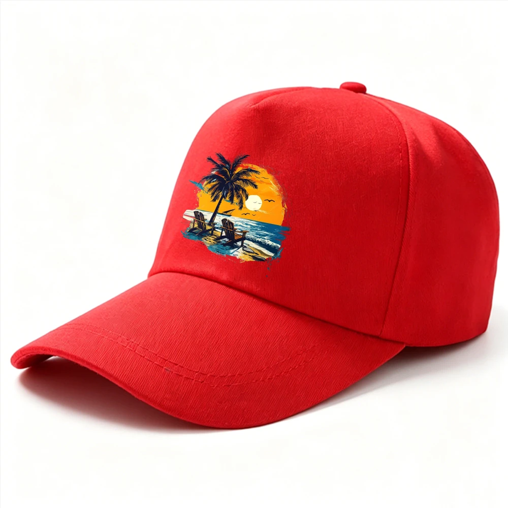 Tropical Beach Sunset Palm Tree Lounge Chair Seagull Graphic Dad Hat Summer Beach Vacation Casual Cotton Adjustable Baseball Cap