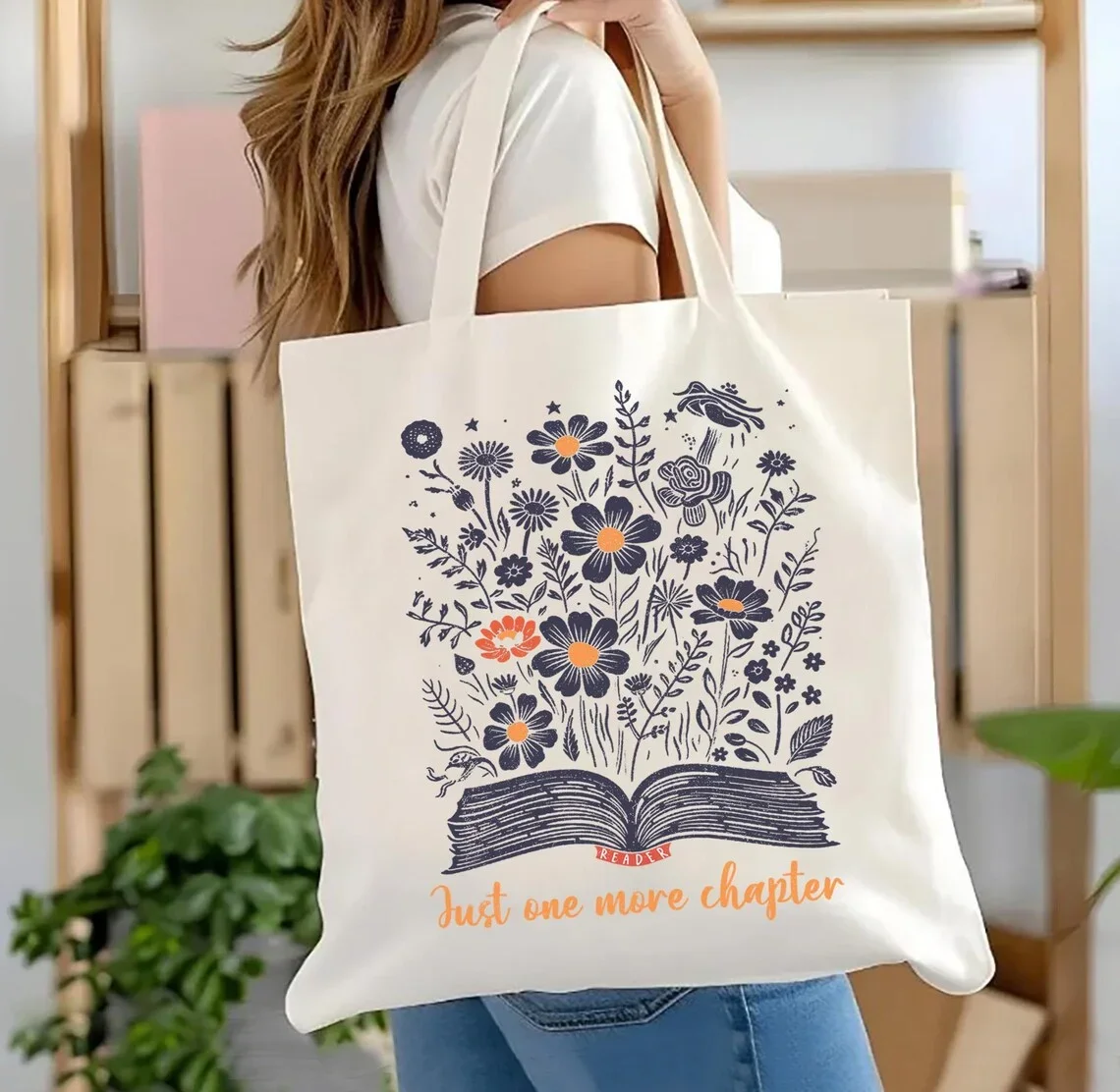 Book Tote Bag Personalized Book Lover Gift Floral Bookish Canvas Bag Bookshelf Reader Aesthetic Tote Gift For Birthday Friend