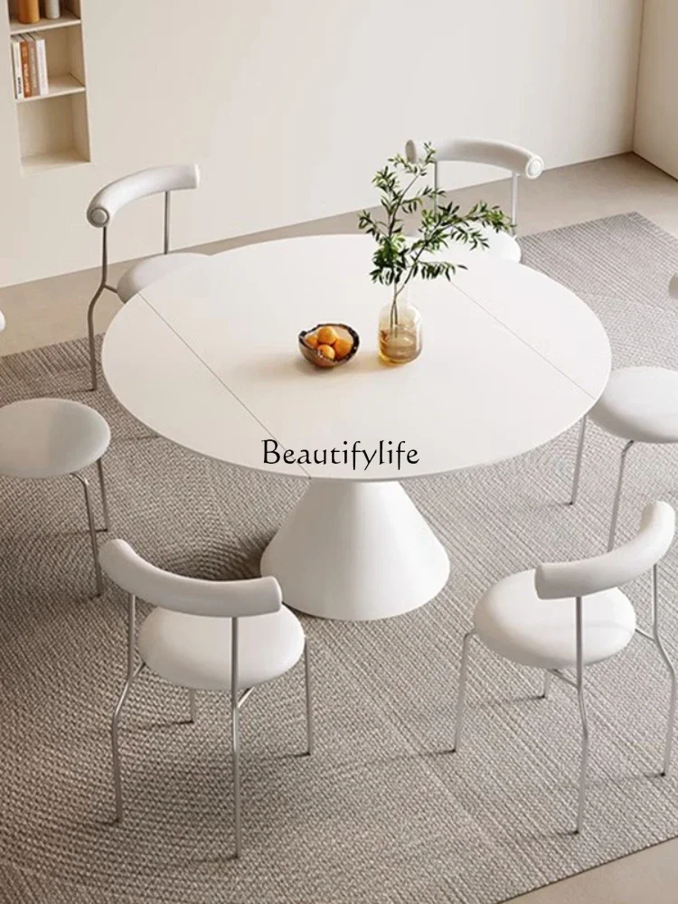 Cream wind rock slab dining table rotatable folding multifunctional with turntable