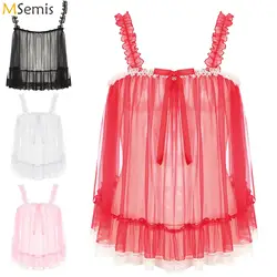 Mens Women Sissy Babydoll Nightdress Ruffle Bow Sheer Mesh Pajamas Camisole Slip Top Crossdress Lingerie Baby Dress Clubwear