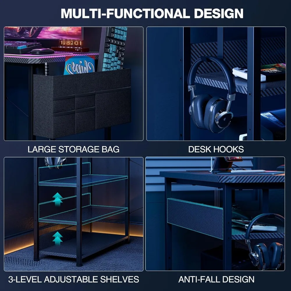 L-Shaped 48 Inch Gaming Desk with Power Outlets, Reversible Shelves, Storage Bag, Corner PC Desk for Computer