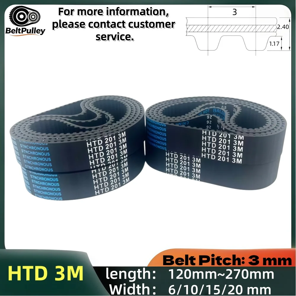 HTD3M Closed Loop Timing Belt Curved Teeth 120-270mm 6/10/15/20mm Width Rubber for 3D Printer CNC Router Automation