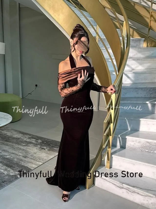 Thinyfull Meerjungfrau, schulterfrei, arabische Ballkleider, Samt/Spitze, lange Ärmel, Abendkleid, formelles Kleid, Robes de Soirée, individuell gestaltet