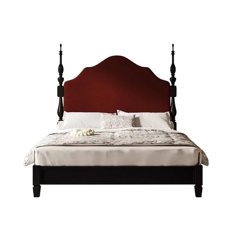 

French retro solid wood bed, soft bag high backrest bed