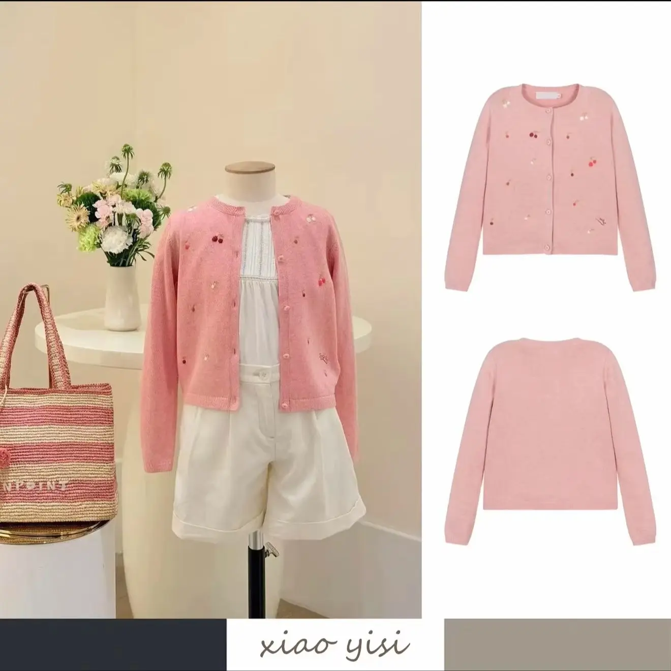 Girls Sweater Fall Winter 2026 BP New Pink Cherry Hand Embroidered Cardigan Kids Knitted Coat Wool Girls Long Sleeve Sweater