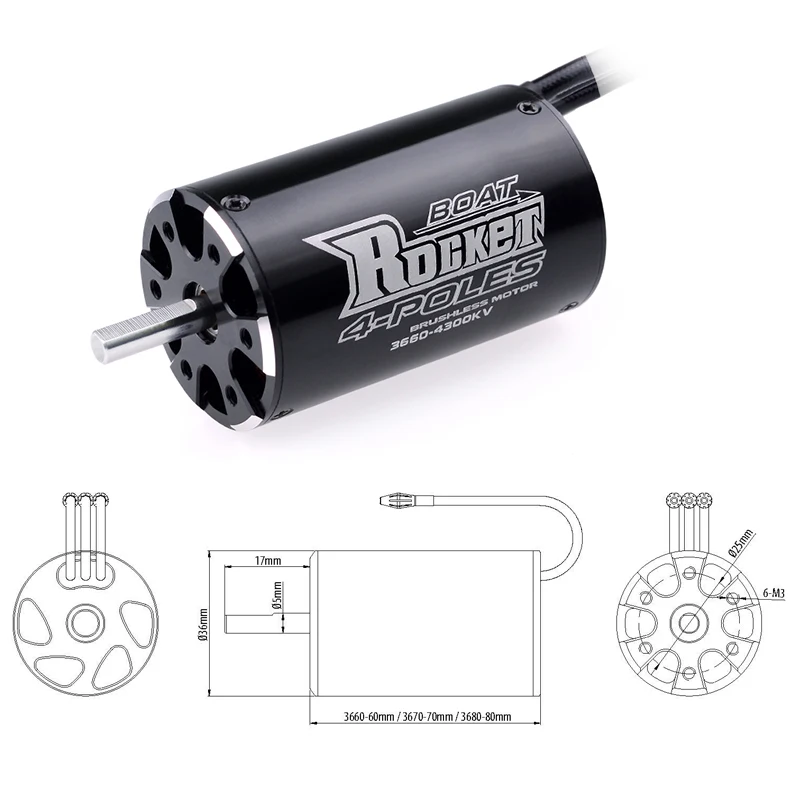 ROCKET-RC 3660 3670 3680 Motor sin escobillas con chaqueta de refrigeración por agua para barco RC M41 Catamarán Spartan 800mm-1000mm
