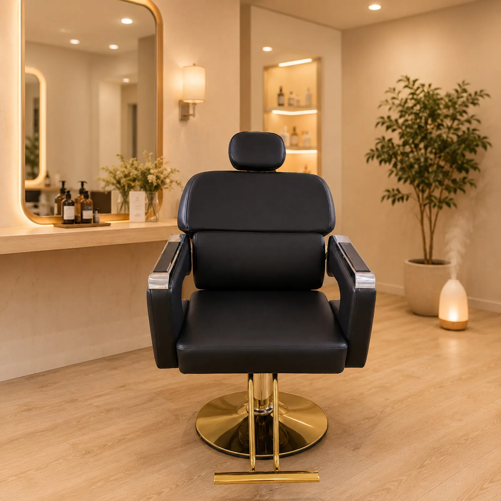 Heavy‑Duty Hydraulic Barber Chair Reclining 360 Rotate Gold Base Salon Hair Styling Furniture