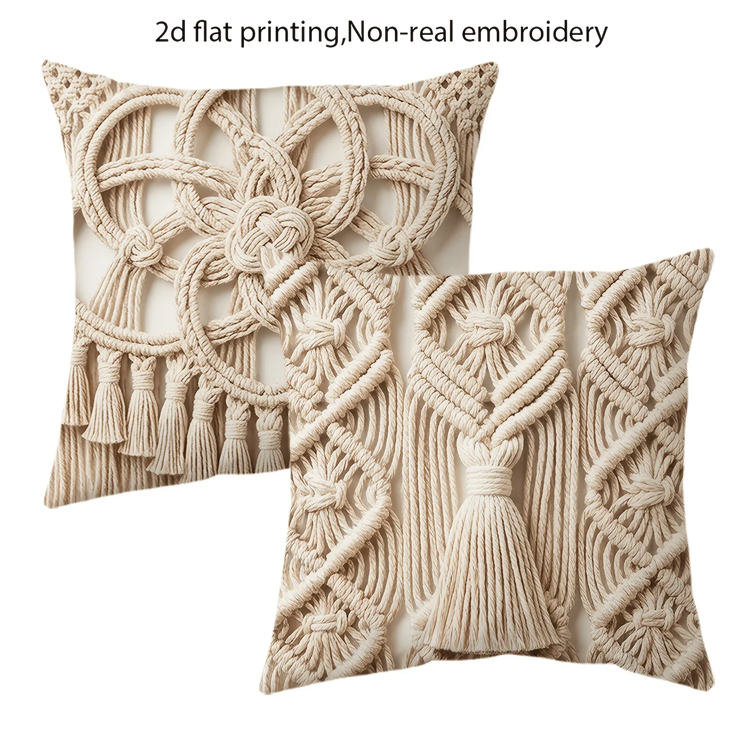 2pcs Boho Macrame Style Throw Pillow Covers Neutral Beige Flat Printed Cushion Cases for Home Sofa Bedroom Decor