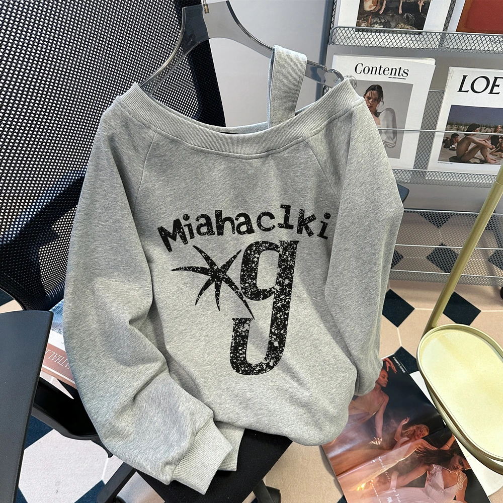 

Американский женский свитшот с открытыми плечами, круглый вырез, футболки с буквенным принтом, весенне-осенний повседневный модный свободный пуловер, топы