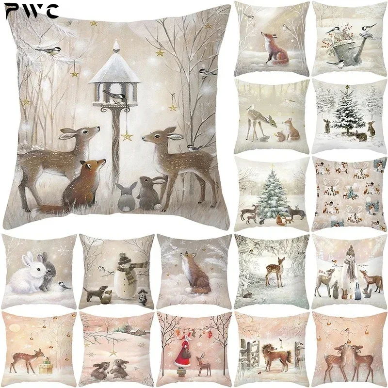 Home Living Room Sofa Decoration Animal Pillowcase Rabbit Deer Horse Fox Snowman Angel Print Pillowcase