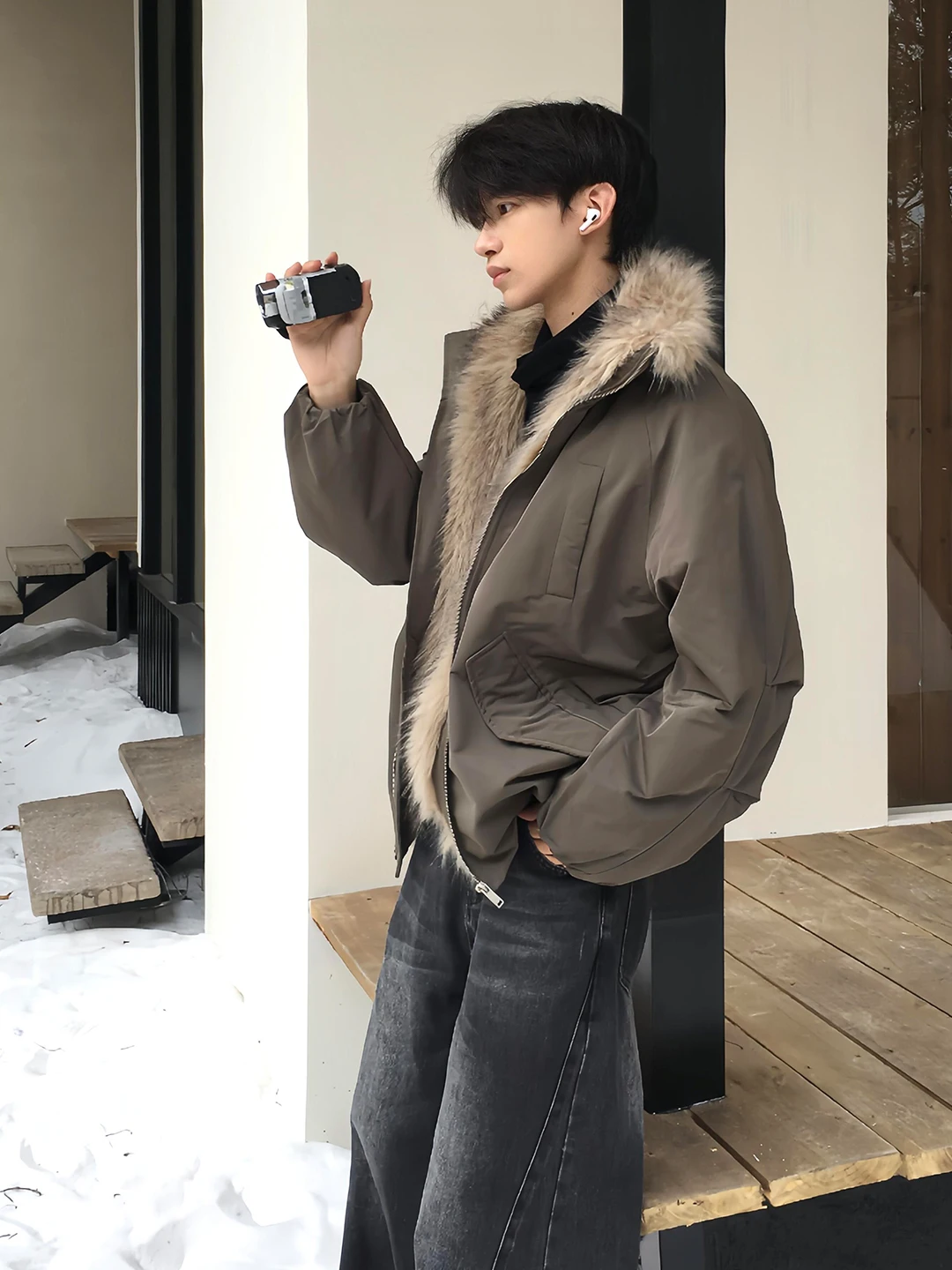 

Зимняя хлопковая куртка Thiened для мужчин, в стиле милитари, с меховым воротником, теплая, кожаная, молодежная, модная, длинная, на молнии