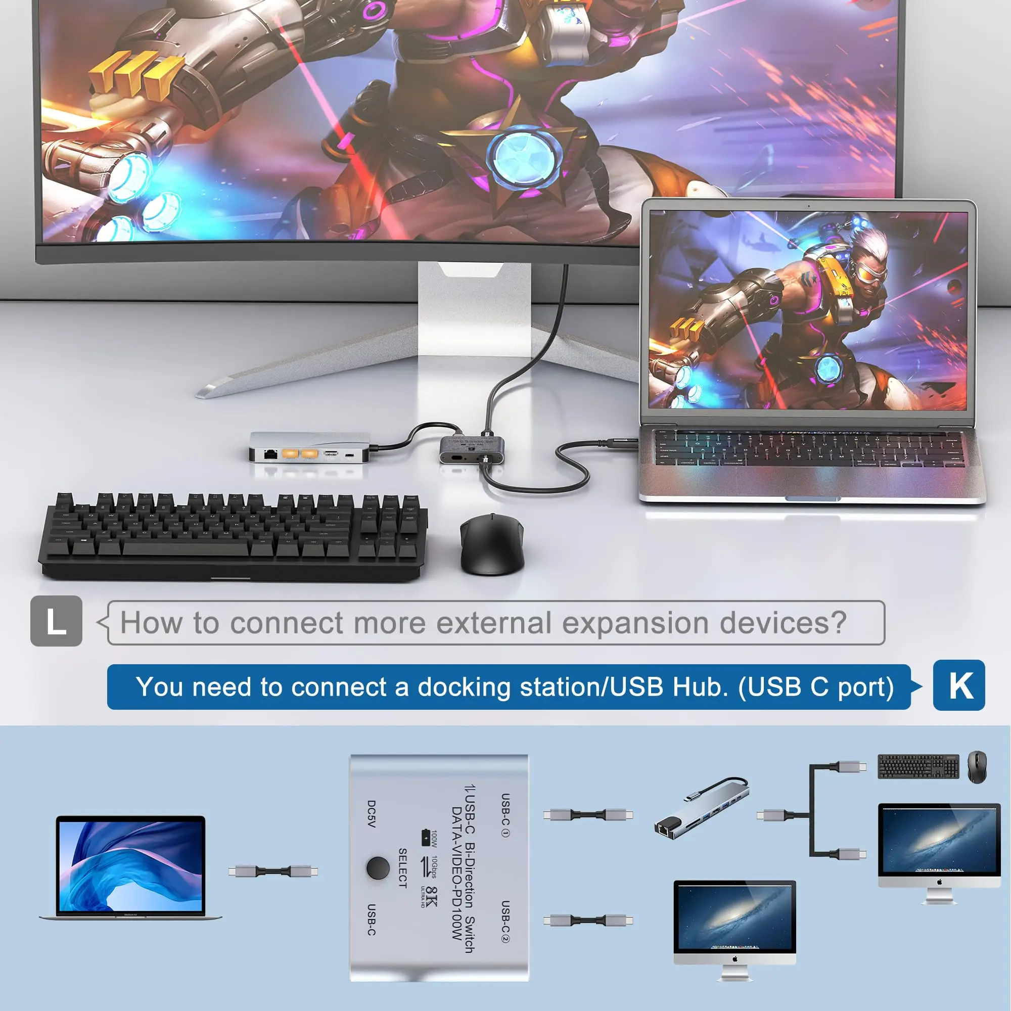 8K USB C Switch Splitter for 2 Computers Bi-Directional Type C KVM Switch 1 in 2 Out/2 in 1 Out for 8K@60Hz/4K@144Hz 100W Charge