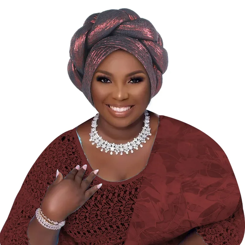 African Auto Gele Headtie Shiny Braids Turban Head Wraps Nigerian Women Wedding Party Headgear Glitter Headscarf Hijab Bonnet
