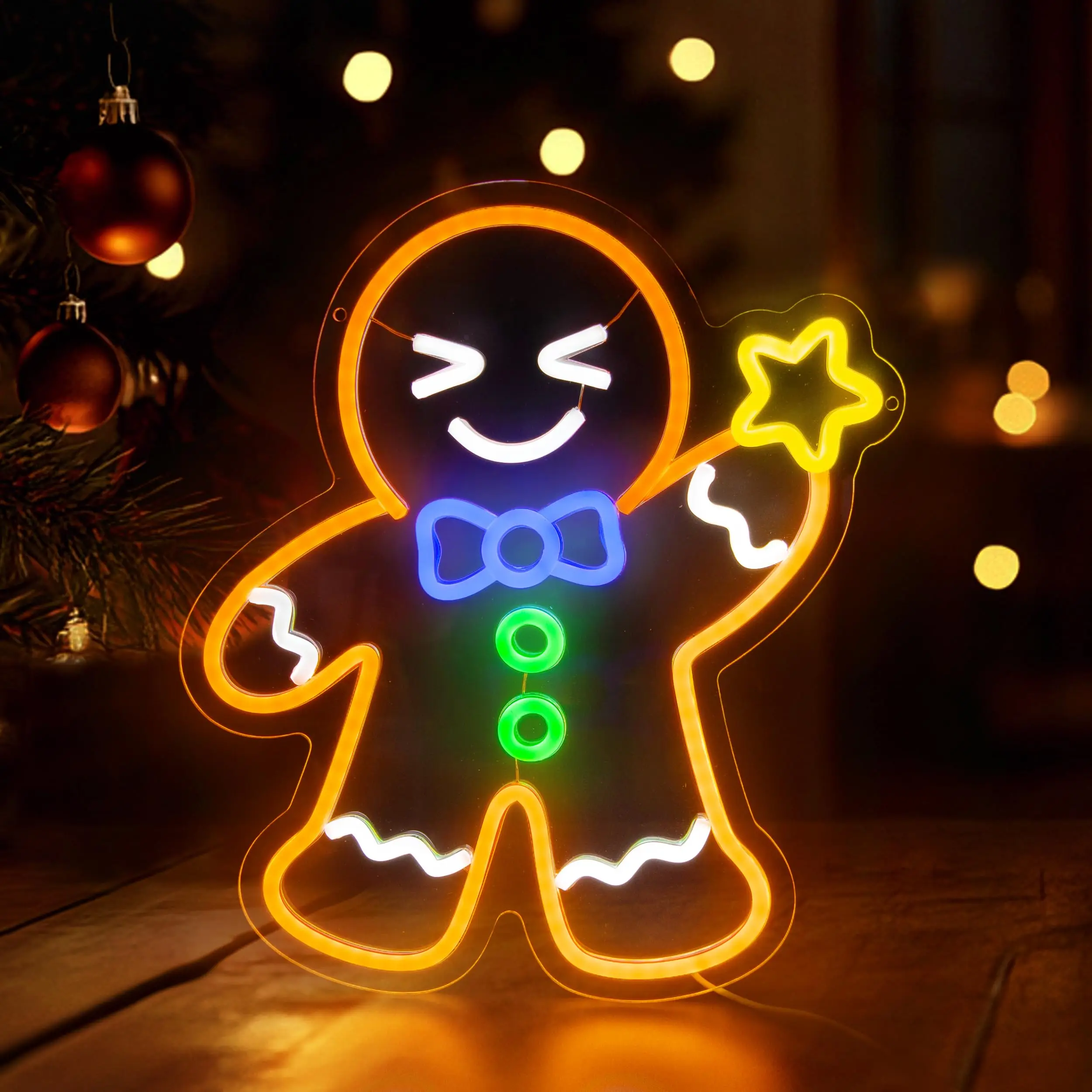 

Gingerbread Man Christmas LED Neon Sign with Dimmable USB Powered Lighting for Window Wall Tree Bar and Party Home Decor