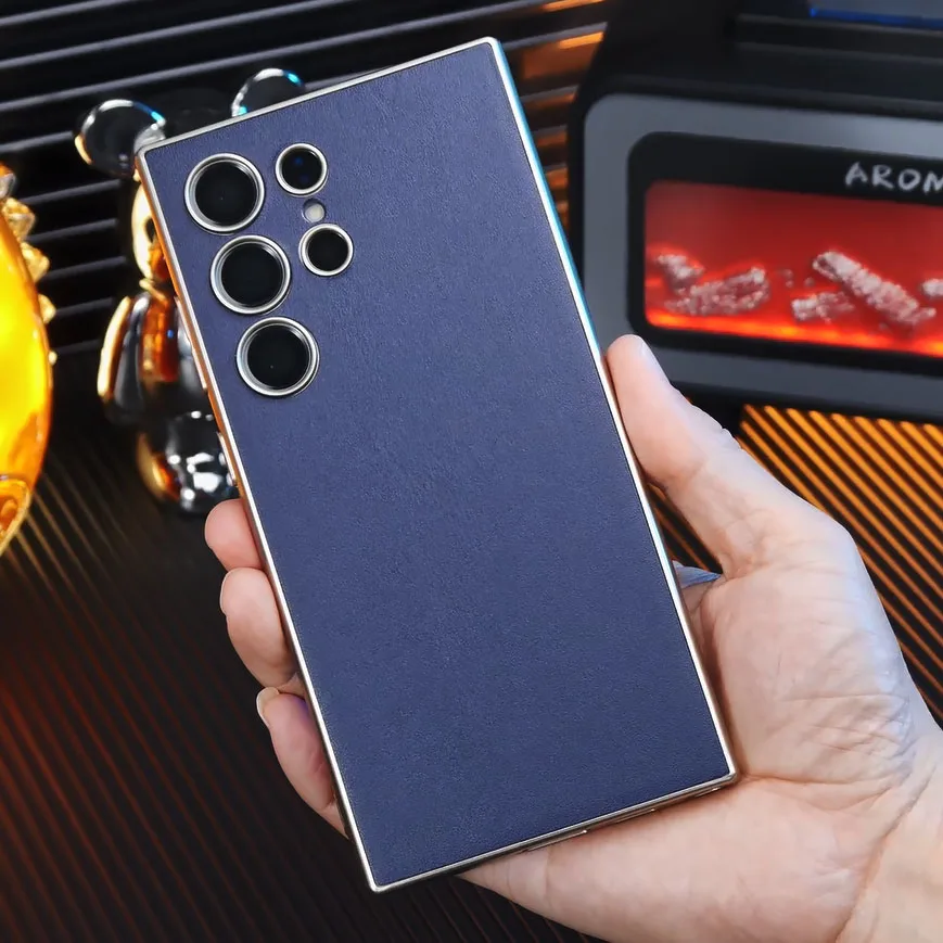 Luxury PU Leather Soft Edge Case For Samsung Galaxy S24 Ultra Metallic Paint Frame Skin Feeling Cover For Galaxy S24 Ultra Case