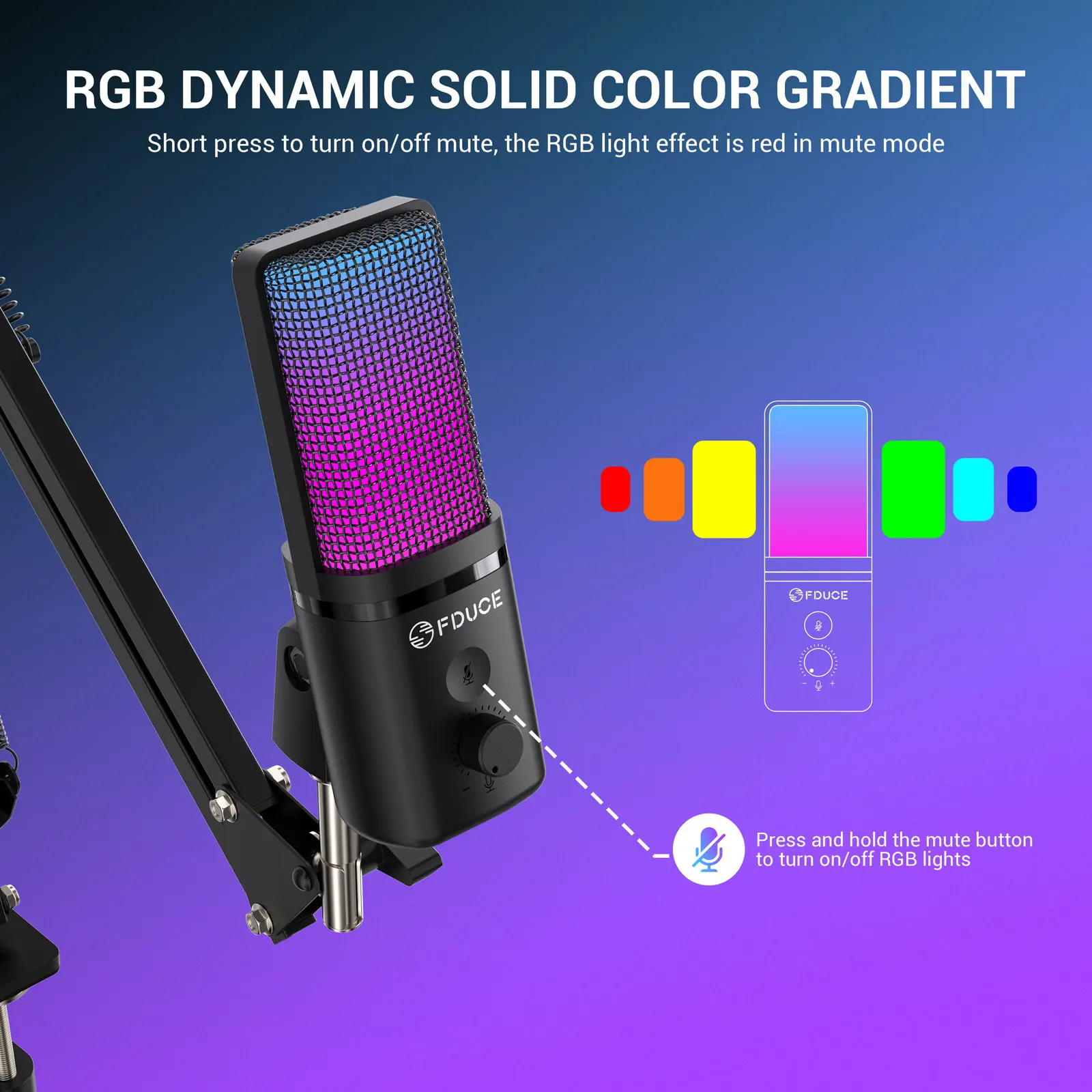 ميكروفون ألعاب USB FDUCE M160-RGB مع لون ديناميكي RGB، زر كتم الصوت الذي يعمل باللمس، حامل ذراع أو حامل ثلاثي القوائم للصدمات، للكمبيوتر الشخصي PS5/4