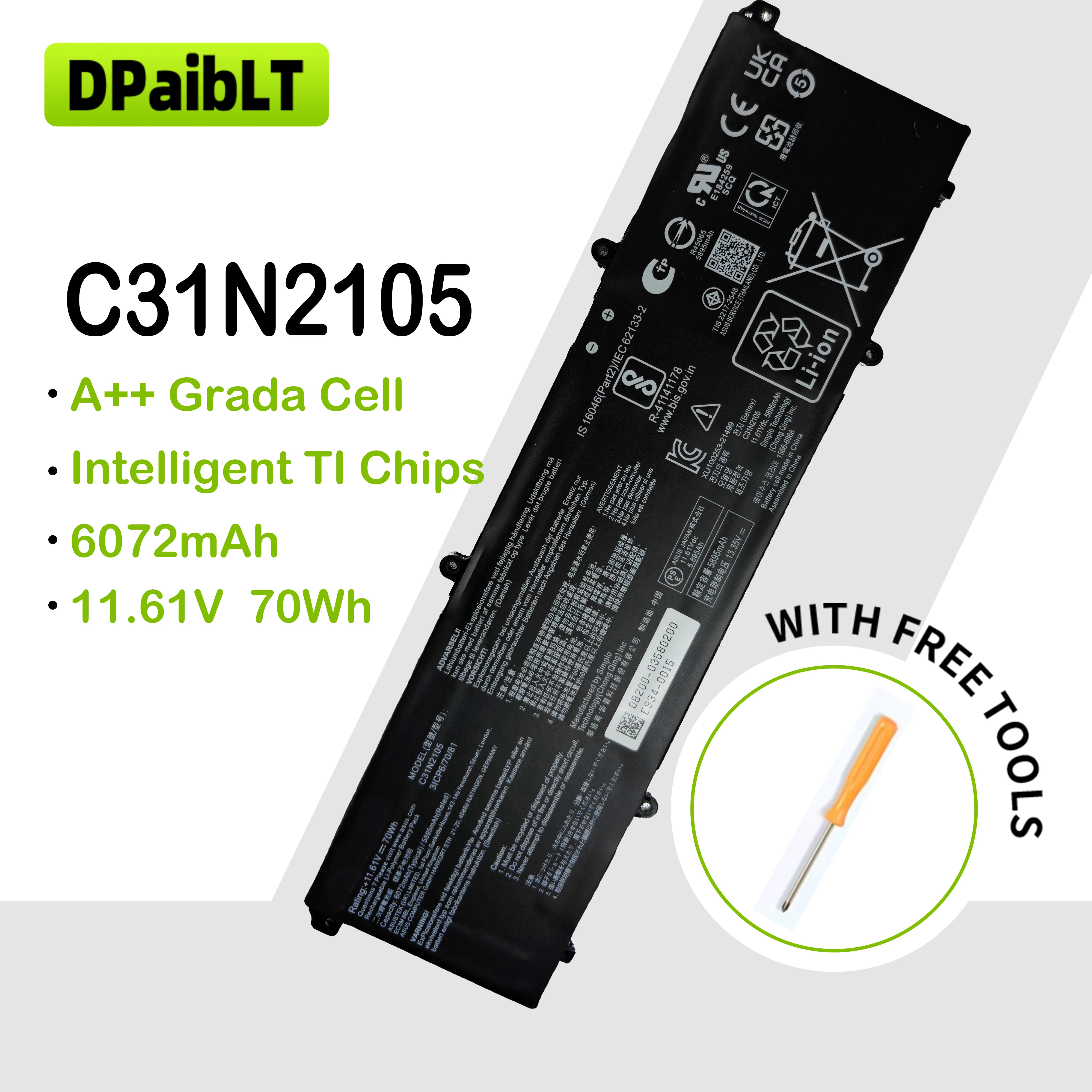 

DPaibLT NEW 70Wh 11.61V C31N2105 LAPTOP BATTERY For ASUS Vivobook 14X/15X/16X ZenBook 14X,UX3404VA,UX3404VC Vivobook Pro 15