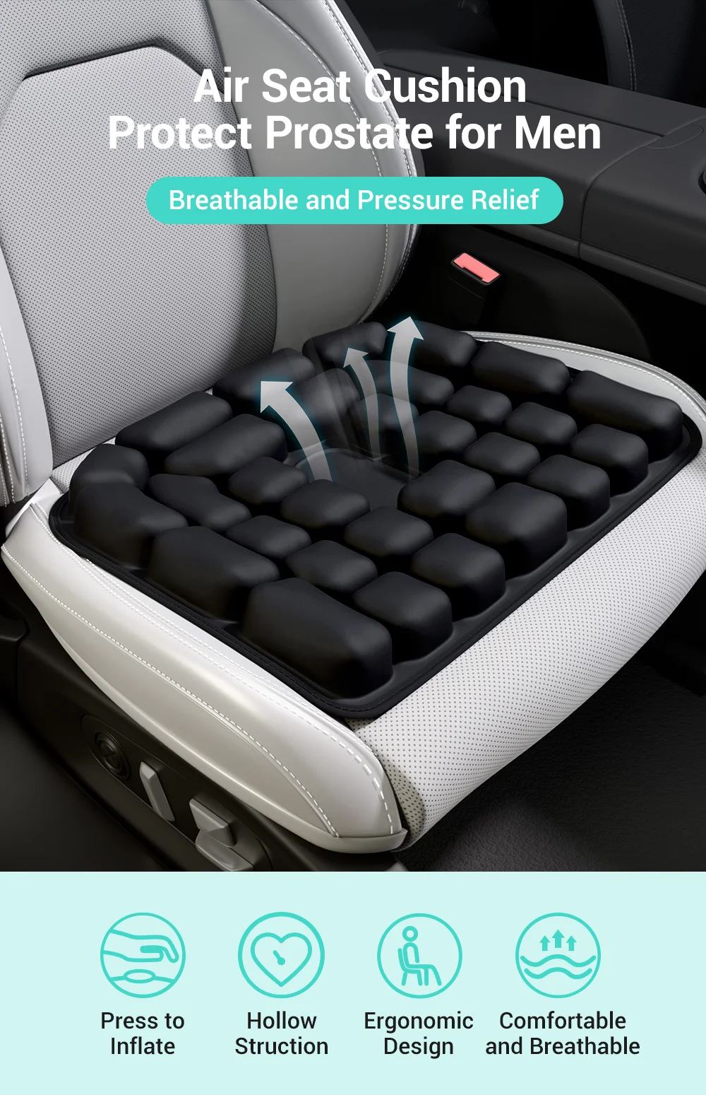 1 Stück Druckentlastungs-Luftkissen - Bürostuhl-Autositzkissen, 3D Ergonomisches Kissen für Männer, Aufblasbar, Rutschfester Boden
