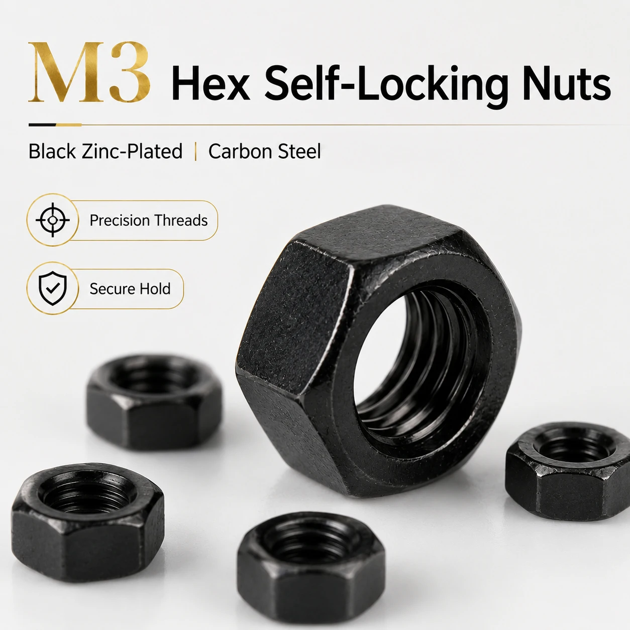25-200Pcs M3 Black Zinc Plated Hexagon Nuts, Carbon Steel Metric Thread Lock Nuts for Screws Bolts Hardware Kit