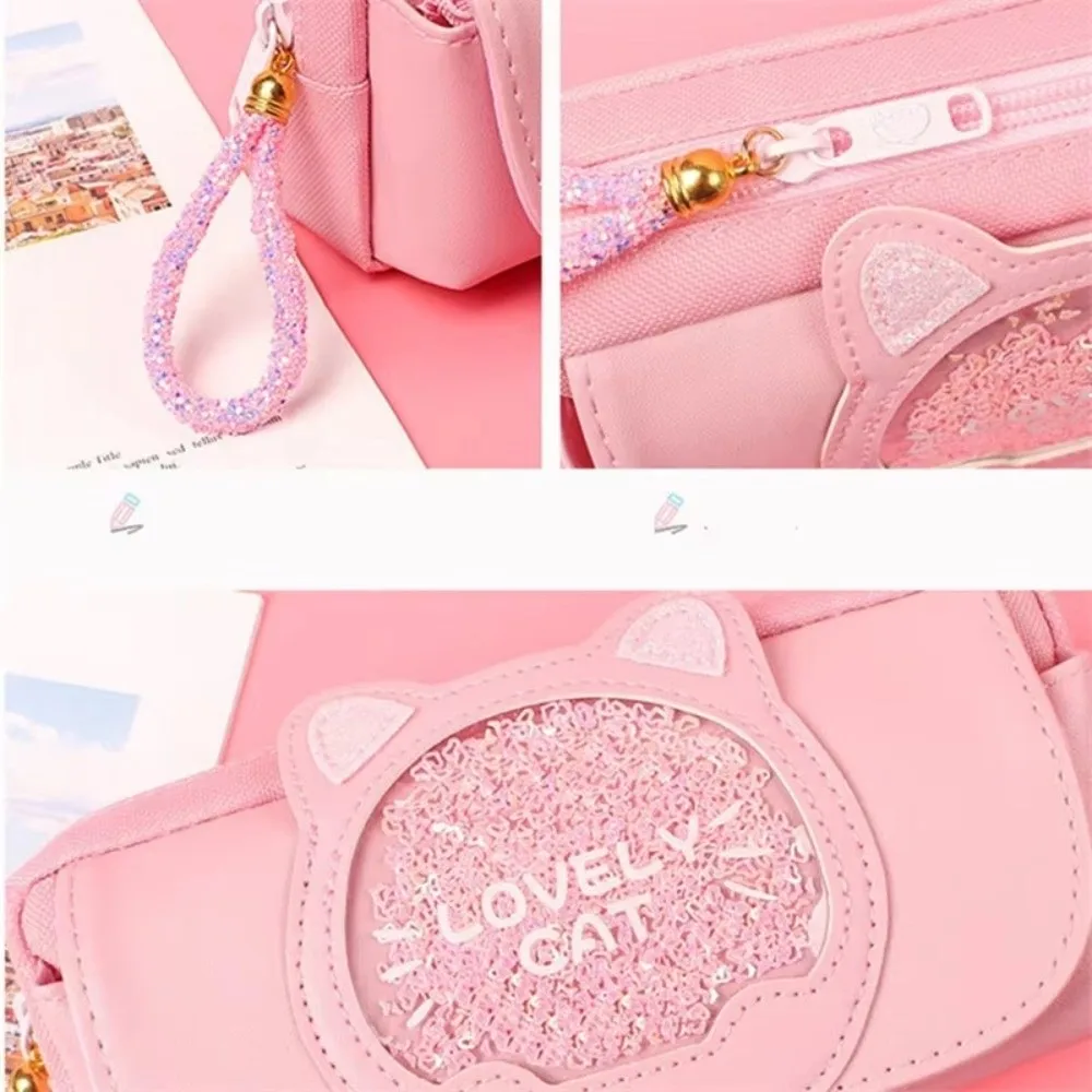 

Сумка для ручек Quicksand Cat, многослойный холщовый пенал с мультяшными животными, подарочная сумка из искусственной кожи, коробка для ручек, школьные и офисные принадлежности