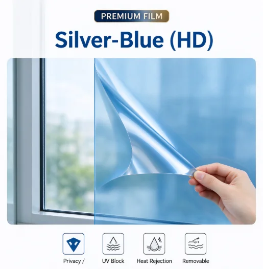 Silver Blue HD PET One Way Vision Glass Tint Roll Heat Insulation Anti UV Privacy Film DIY Install For Balcony Home Office Build