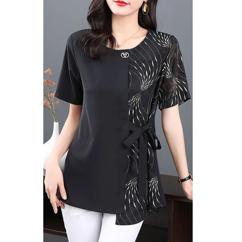 Asymmetrical Print Patchwork Lace Up Elegant Office Ladies Tunic Tops Blouses New Summer Fashion Women Short Sleeve Loose Shirts