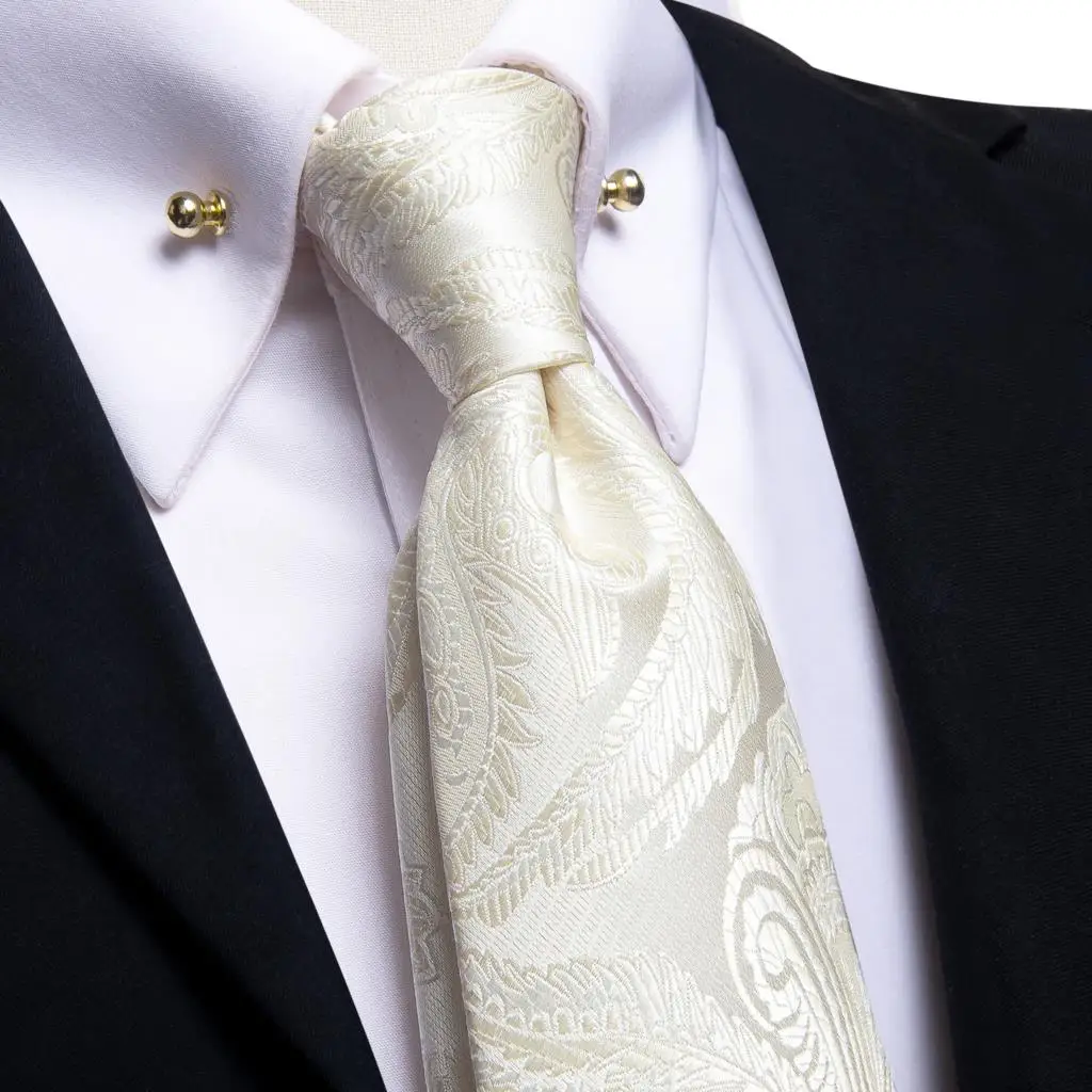 

Ivory Champagne Paisley Silk Wedding Tie For Men Handky Cufflink Men Necktie With Collar Pin Business Dropship Hi-Tie Designer