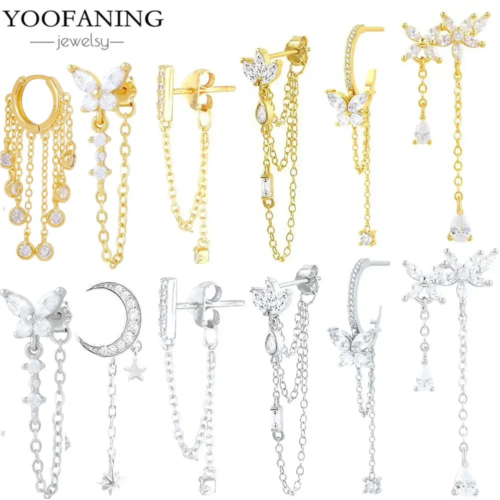 YUXINTOME 1PC 925 Sterling Silver Ear Needle Colorful Zircon Chain Tassel Hoop Earrings for Women Two Holes Earring Jewelry A45