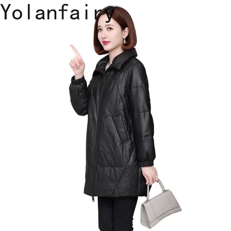 YOLANFAIRY 100% Genuine Sheepskin Leather Jacket Women Winter Mid-length White Duck Down Coat Casual Warm Puffer Coats chaquetas