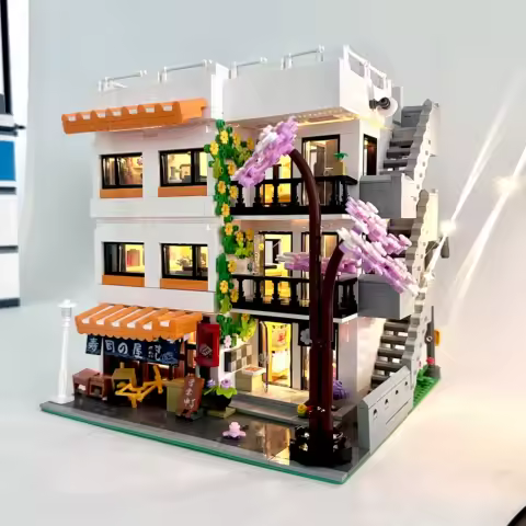 3911PCS Sakura Apartment Modular Building Blocks Street View Sushi Shop Model Bricks LED Light Toys Idea Gifts Home Decortion