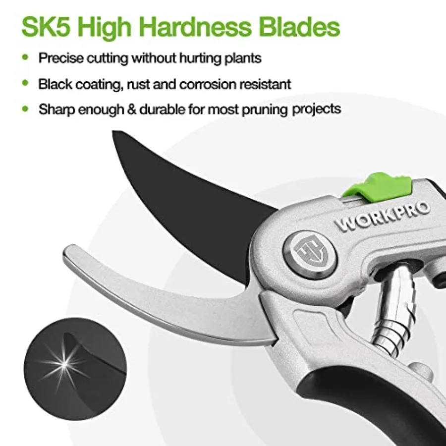 Bypass Pruning Shears 8" Hand Pruners with Aluminum Handle Stainless Steel and Sharp SK5 Blades Professional Plant Snips Clippe