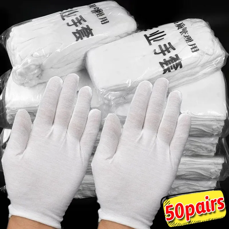 1/50Pairs Cotton Protection Gloves for Women Men White Thin Quality Sweat Absorption Driving Workings Household Cleaning Tools