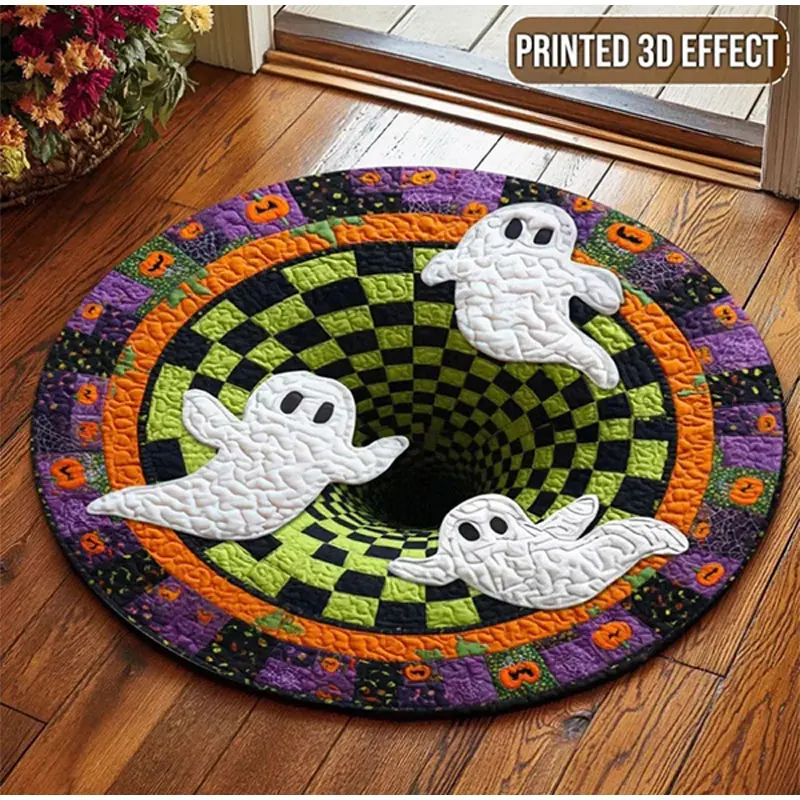 Halloween 3D Visual Floor Mat Living Room Round Anti Slip Backing Rug Immersive 3D Illusion Halloween Spopky Horror Decor Gift