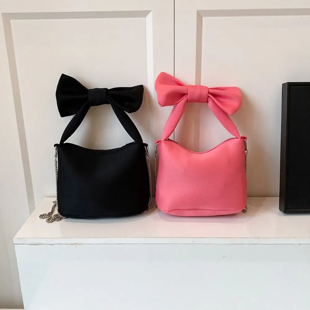Princess Bag Creative Women Bow Handbag Korean Style Pink Solid Color Wristlet Bag Large Capacity Black Sweet Shoulder Bag Daily