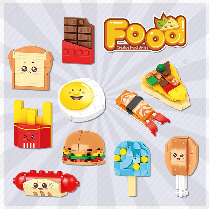 10 em 1 bonito arquitetônico vista de rua alimentos batatas fritas lanches frutas animais blocos de construção kit menina tijolos modelo crianças brinquedo