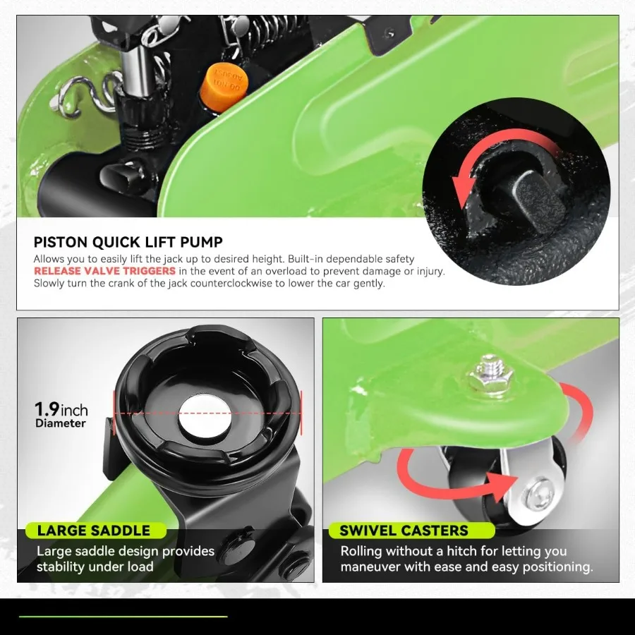 مجموعة عربة هيدروليكية منخفضة المستوى/مقبس أرضي مع حاملين رافيت بسقاطة، سعة 2 طن (4000 رطل)، أخضر، PM-TOL-FJ3P- #3