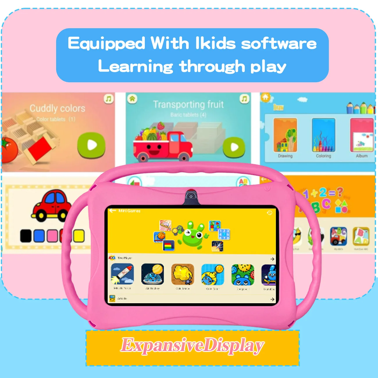 تابلت للأطفال 7 بوصة مع ذاكرة وصول عشوائي 2 جيجابايت + 32 جيجابايت ROM + SD توسيع، 3000 مللي أمبير، كاميرا مزدوجة، مع تحكم الوالدين وتعليم الأطفال، هدايا للأطفال