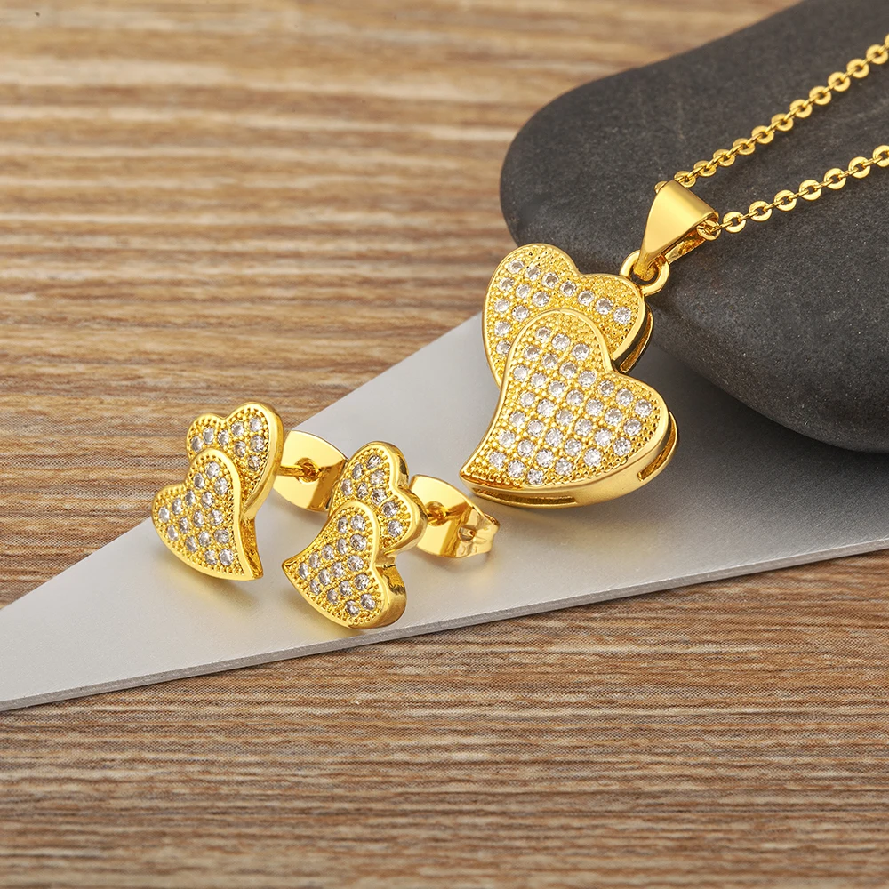 

Nidin New Trendy Bridal Jewelry Set Heart CZ Crystal Gold Plated Pendant Necklace Earrings for Women Wedding Anniversary Gifts