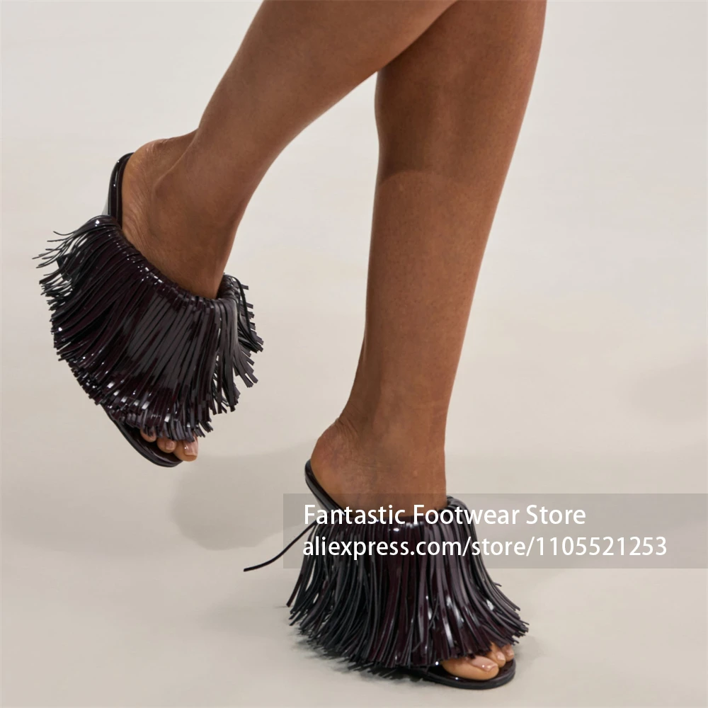 Solid Glossy Wedge Heel Mules Long Dense Patent Fringe Decoration Sandals Glossy Patent Upper Open Toe Slide Nightclub Sandals