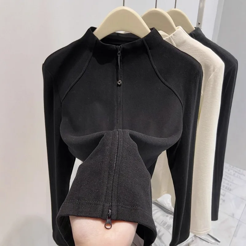 Women Velvet Jacket Double Zipper Casual Sporty Long Sleeve Stand-up Collar Warm Bottoming Shirt Coat Comfy Fitness Yoga Outwear