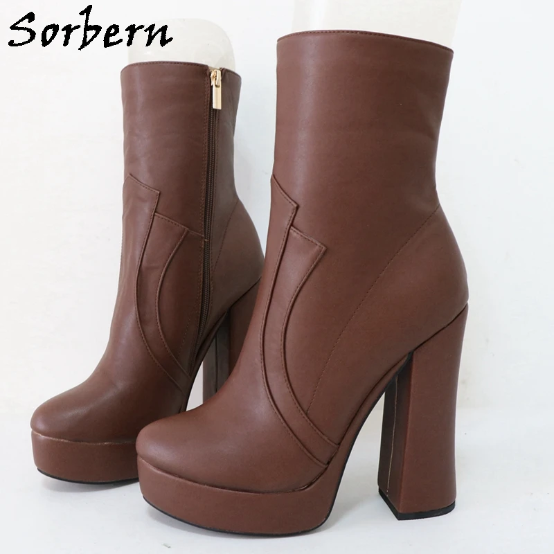 Sorbern Deep Brown Ankle Boots Women Block Heels Short Boots Unisex Style Booties Shoes Custom Multi Size Eu33-48