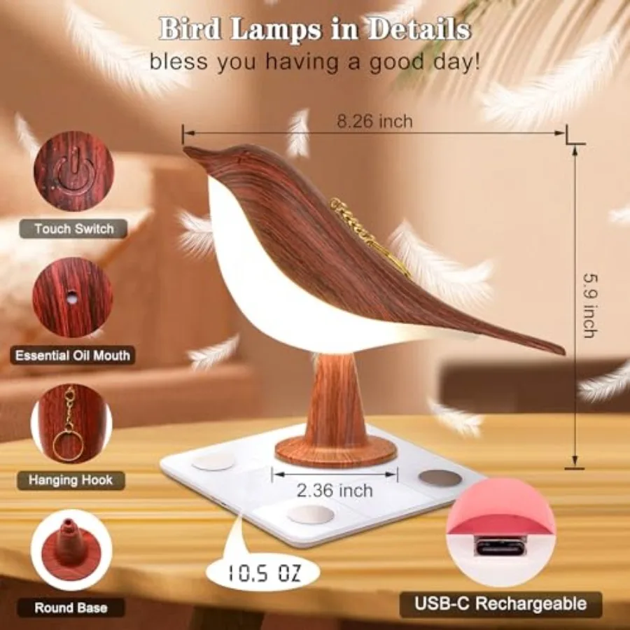 Small Table Lamp, Bird Lamp with Touch Sensor and 3 Color Temperatures, Cute Night Light, Wire-Free and Built-in Rechargeable B view 6