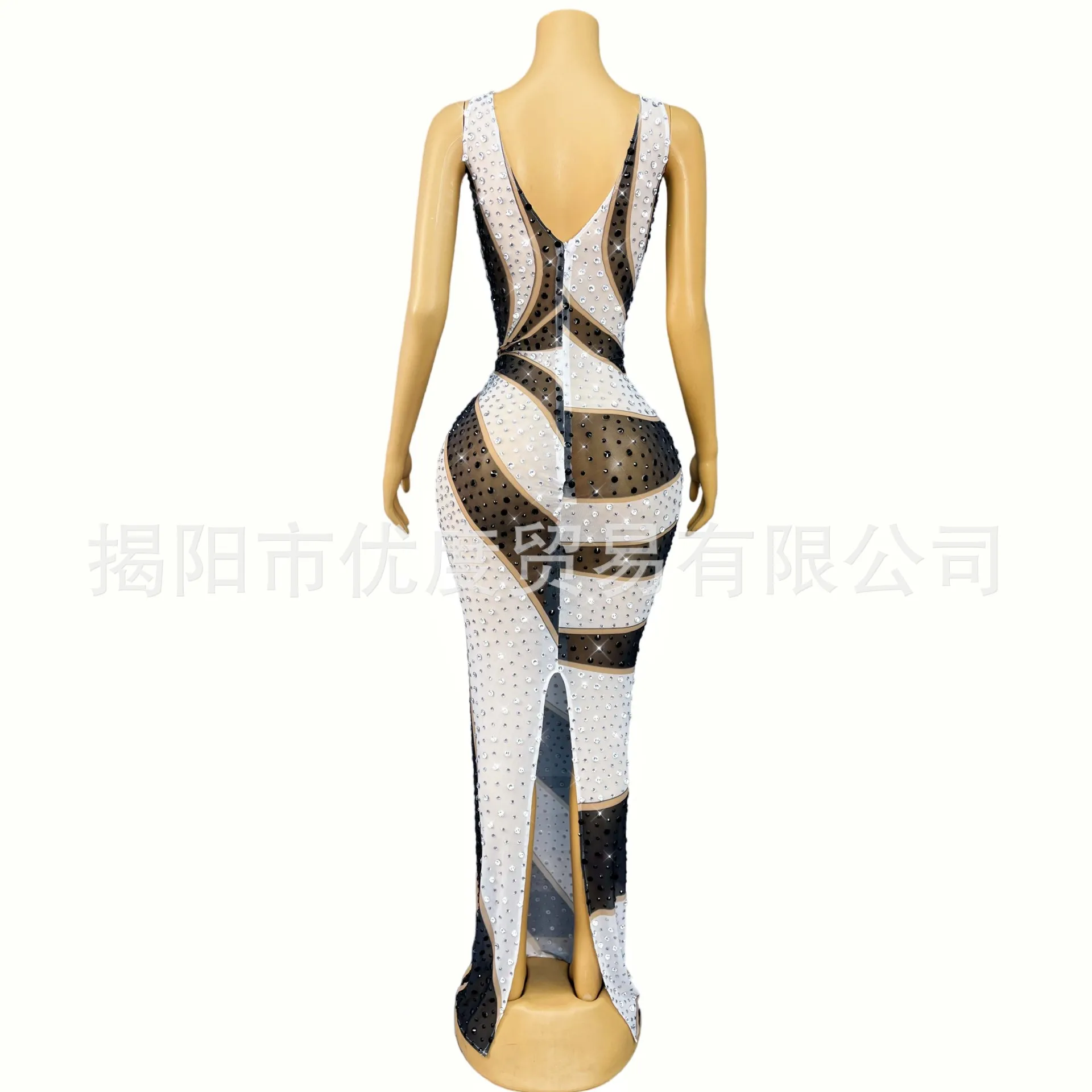 2026Black And White Rhinestone Sleeveless Striped Dress Cocktail Party Night Performance Costume Dance Competition Costume Black