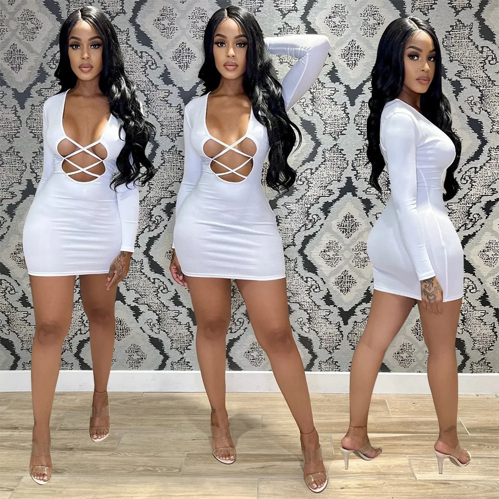 

Autumn and winter women's clothing fashionable and sexy hollow milk silk long-sleeved dress temperament slim and thin exaggerate