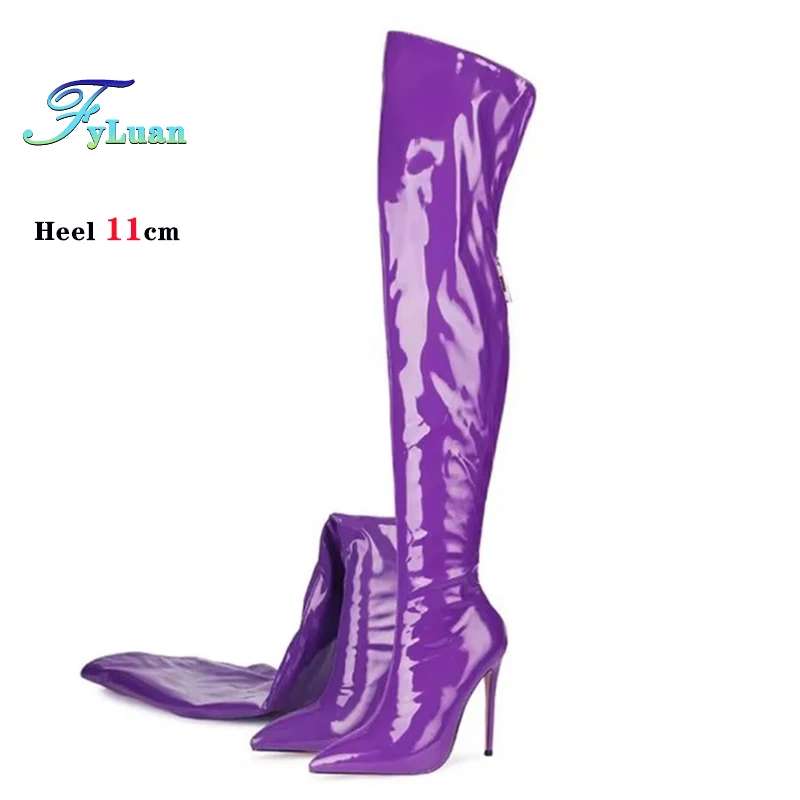 

Весенне-осенняя длинная обувь для женщин, фиолетовые сапоги выше колена с острым носком 11 см, сексуальные кожаные сапоги-гладиаторы на эластичной резинке до бедра